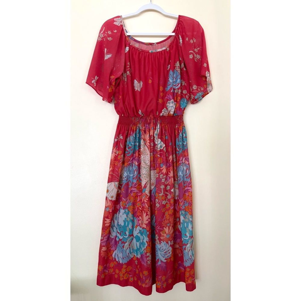 Vintage 70s 80s Boho Sun Dress Midi Butterfly Coral Blue Size Medium Retro